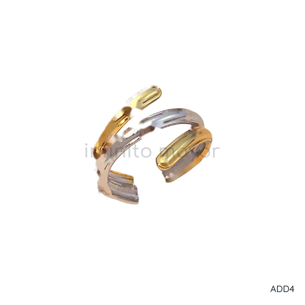Anillo bicolor abierto,tres líneas lisas, dorado y plateado