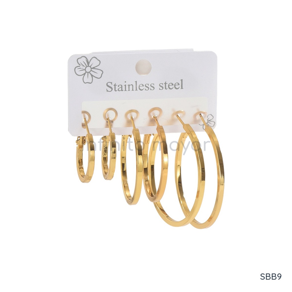 [SBB9] Set de tres pares de zarcillos dorados, diseño de argollas de banda plana y fina en tres tamaños con acabado brillante