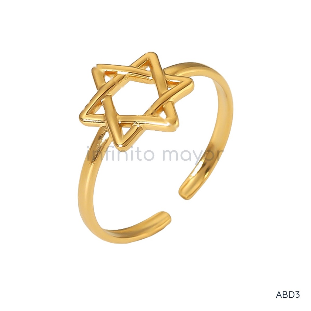 [ABD3] Anillo dorado fino y abierto, diseño de aro liso con motivo frontal de estrella de seis puntas calada