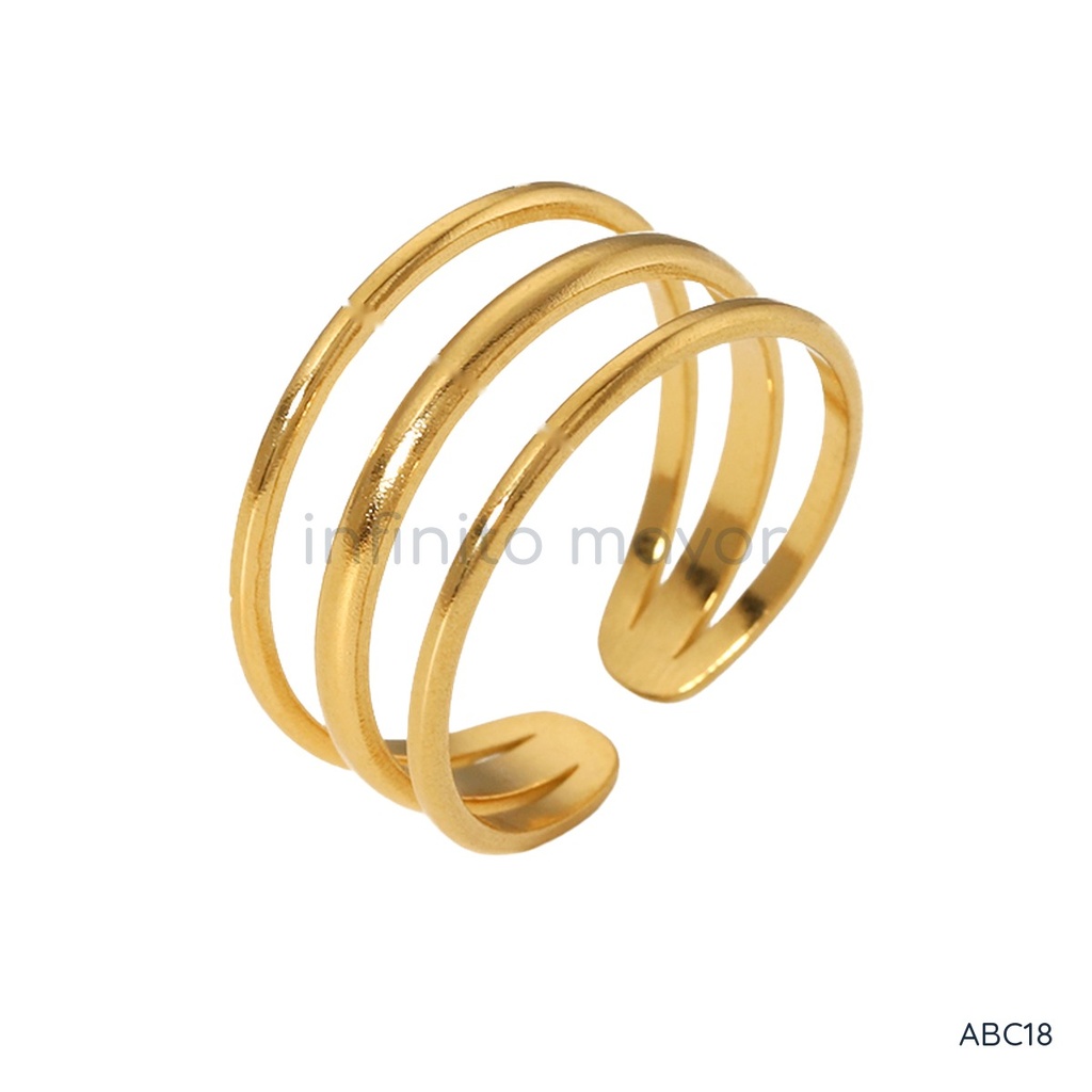 Anillo dorado abierto, tres bandas finas paralelas