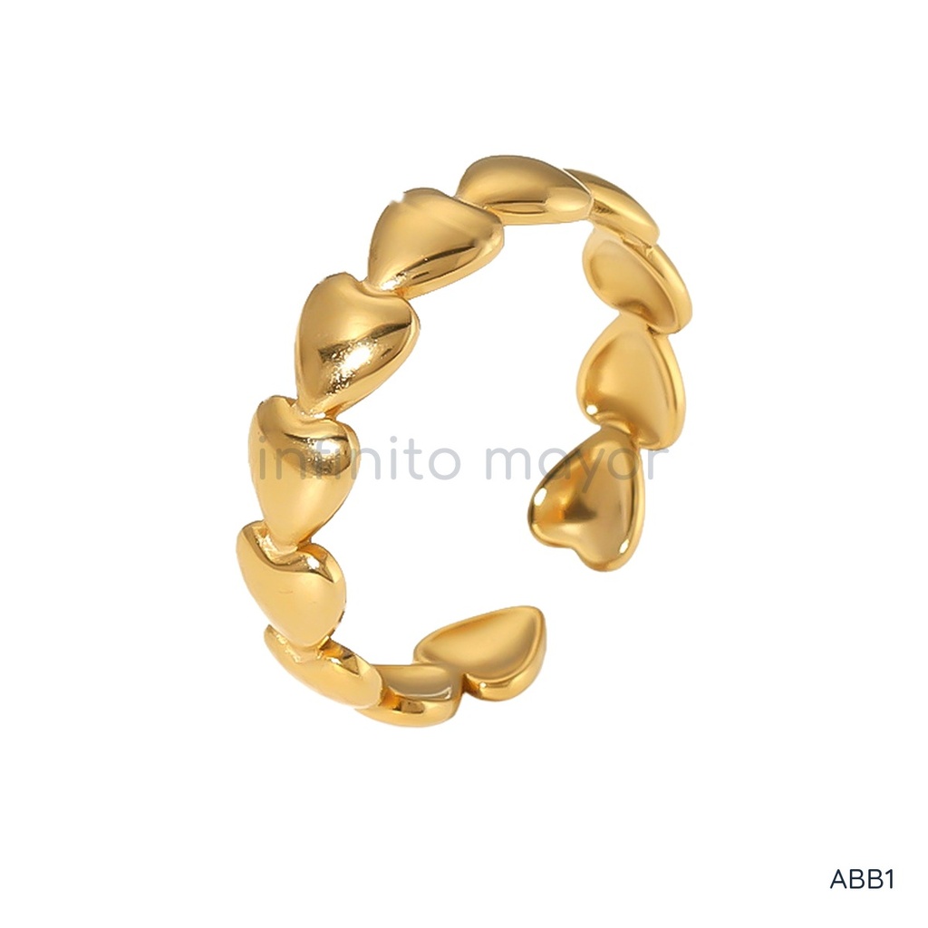 Anillo dorado fino y abierto, diseño de banda de corazones consecutivos con acabado liso y brillante