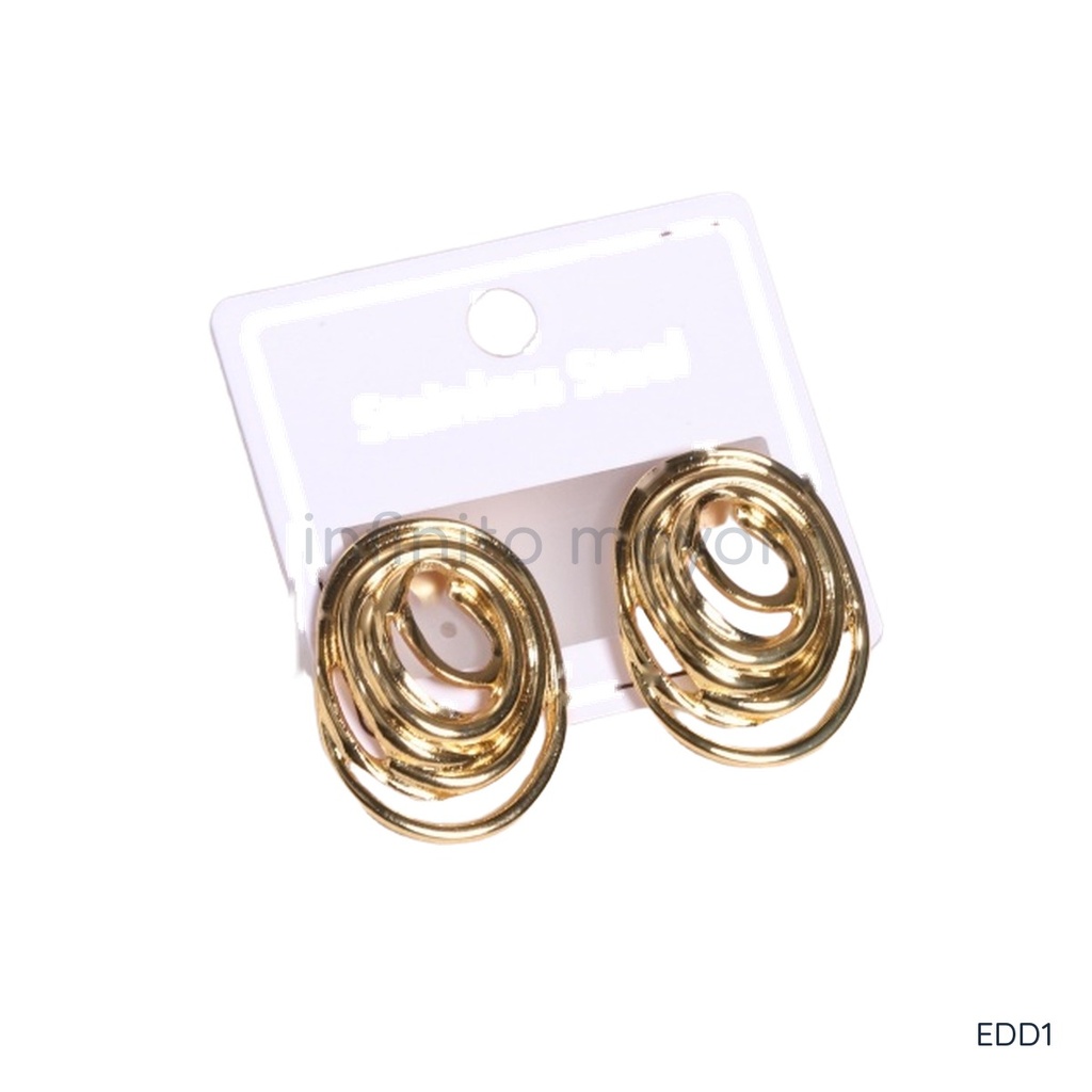 Zarcillos dorados de poste, diseño de óvalos concéntricos de alambre calado con acabado brillante