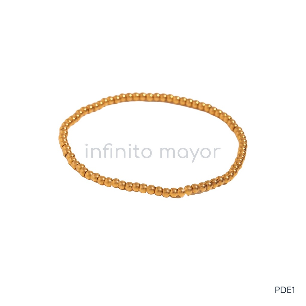 Pulsera dorado elástica, diseño de una hilera de cuentas esféricas de 3 mm con acabado liso y mate