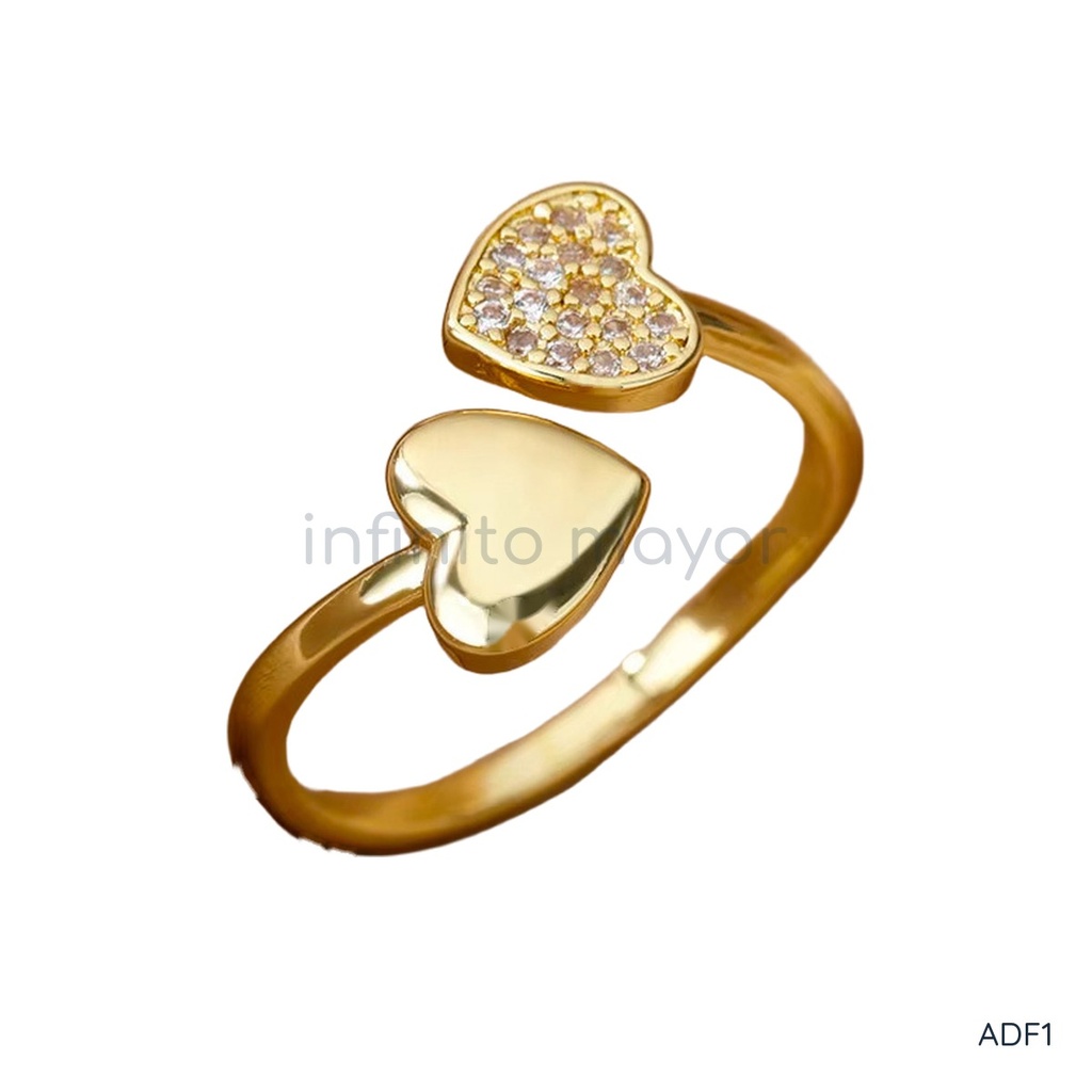[ADF1] Anillo dorado abierto, doble de corazones, uno liso y otro con circonias.