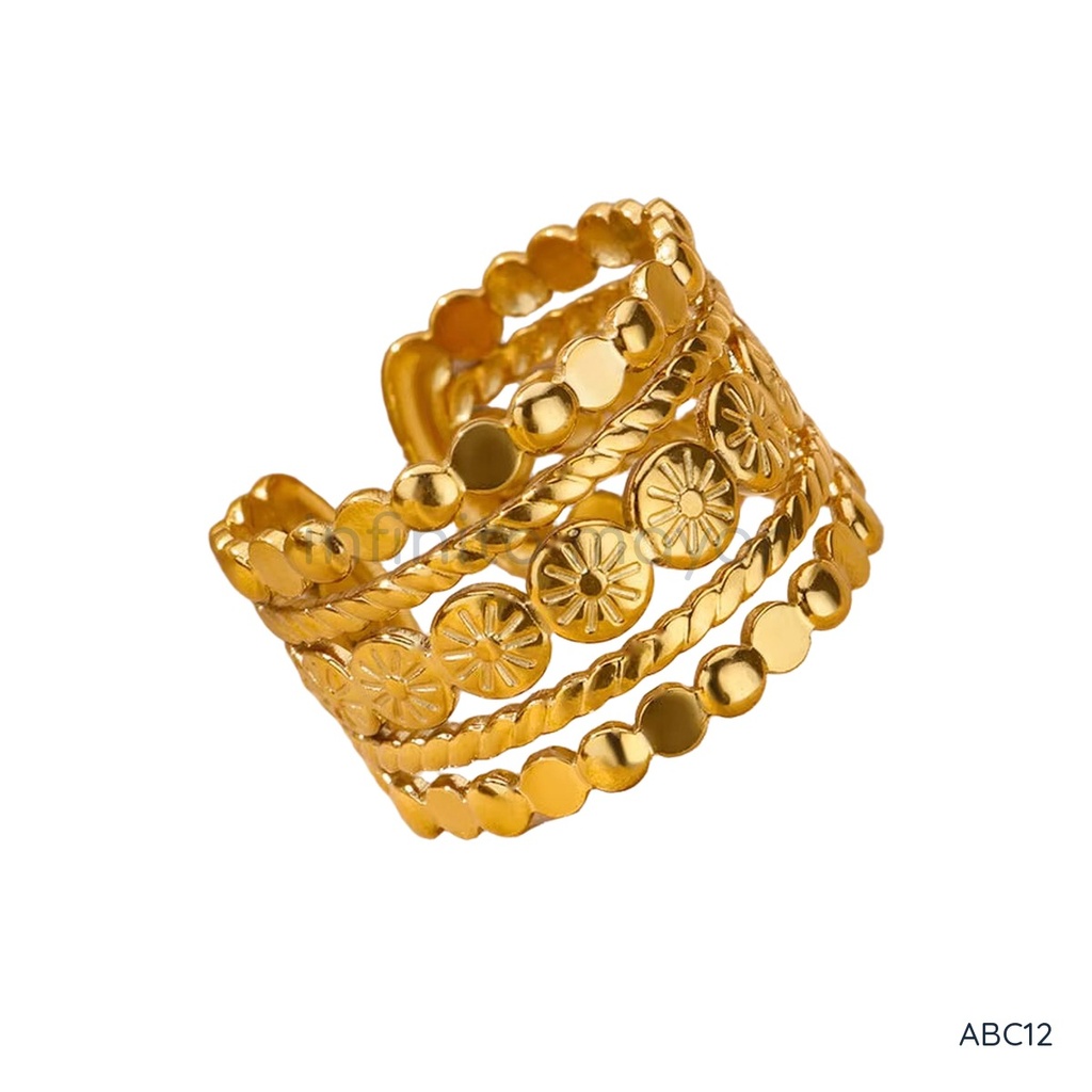 [ABC12] Anillo dorado abierto, multicapa, bandas texturizadas, diseño de sol