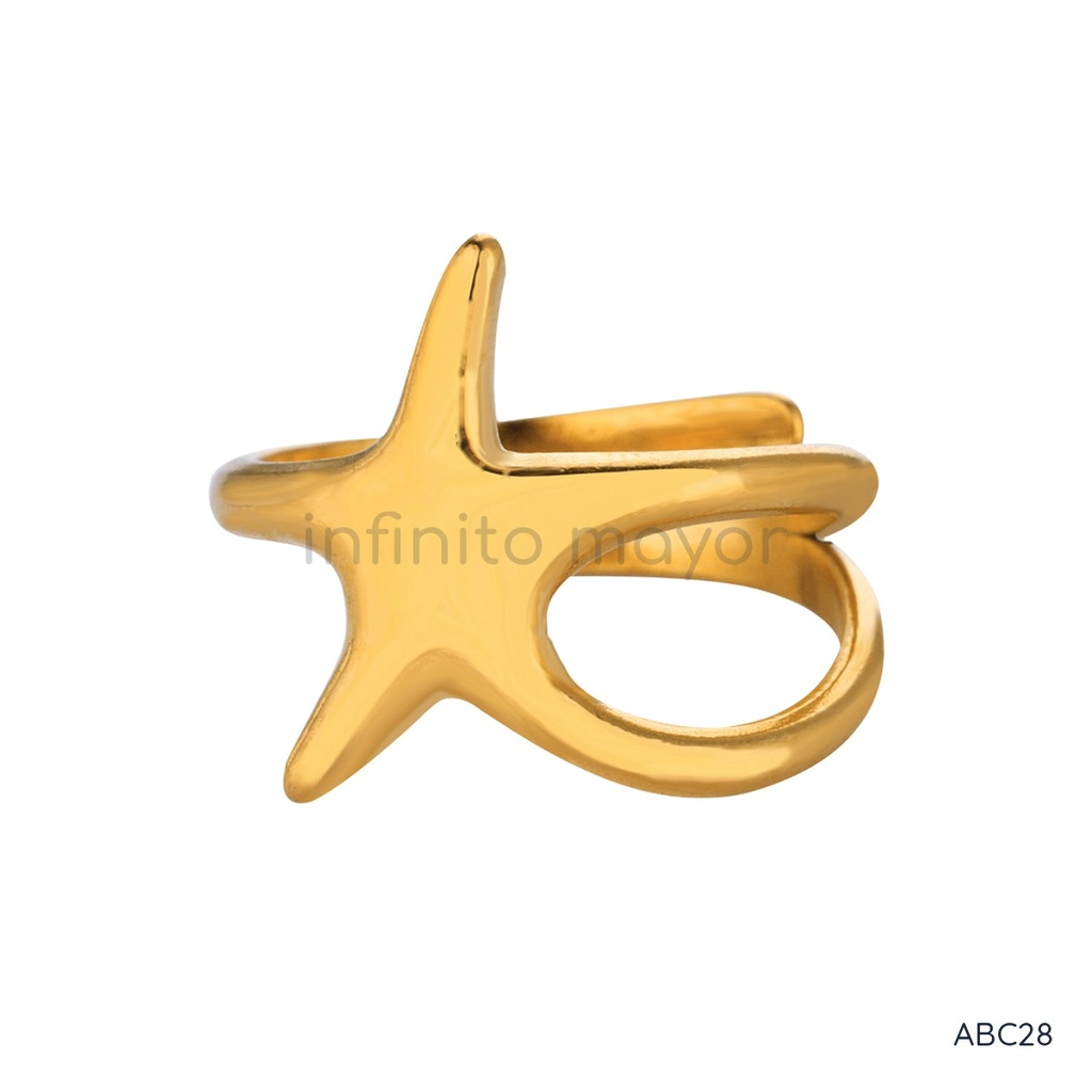 Anillo dorado abierto, diseño de banda doble con motivo frontal grande en forma de estrella de mar y acabado liso
