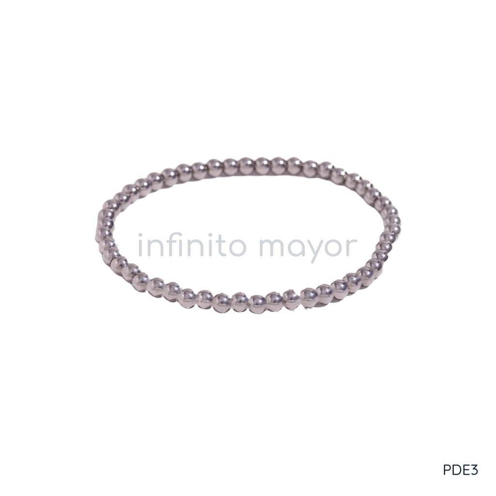 Pulsera plateado elástica, diseño de una hilera de cuentas esféricas de 4 mm con acabado liso y brillante