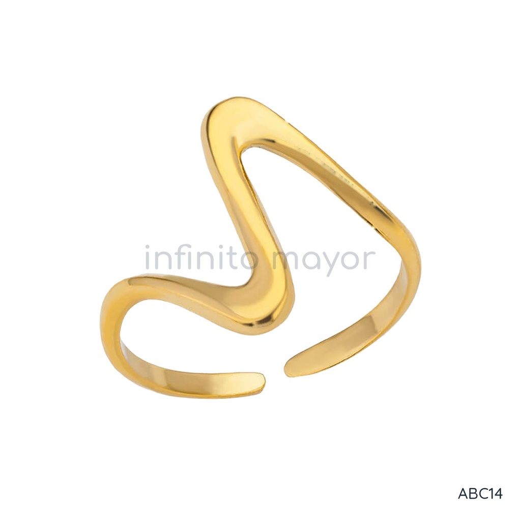 Anillo dorado abierto, diseño de banda en zigzag de líneas redondeadas con acabado liso y brillante