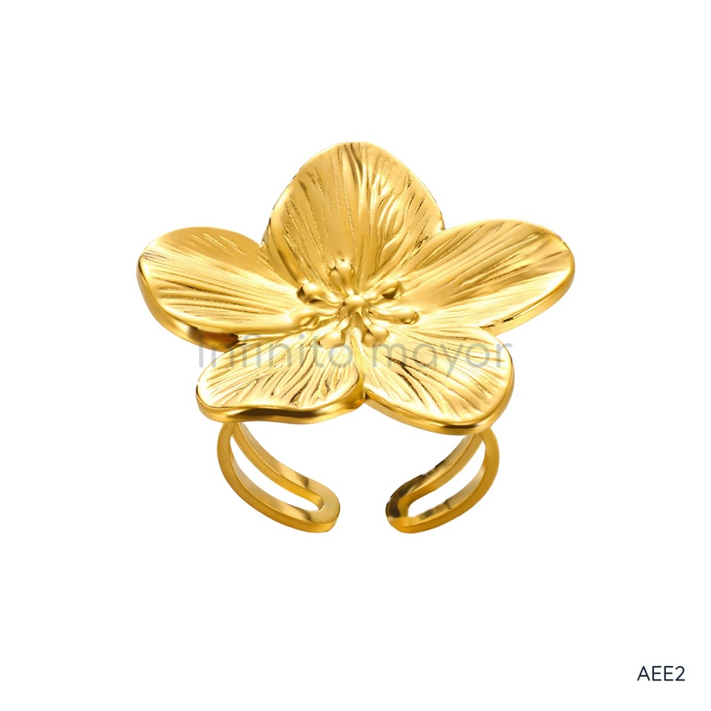 Anillo dorado abierto, aro doble con flor de cinco pétalos