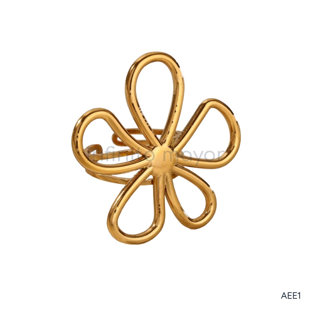 [AEE1] Anillo dorado abierto, diseño de aro con motivo frontal de flor de cinco pétalos calados y acabado brillante