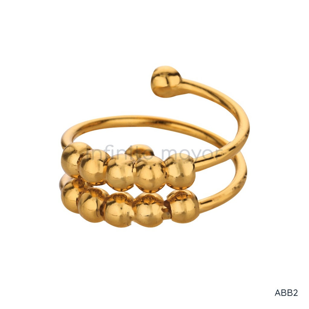 Anillo dorado abierto, espiral doble con esferas móviles
