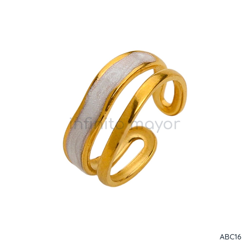 Anillo dorado y blanco abierto, diseño de doble banda ondulada con una banda rellena de esmalte blanco nacarado