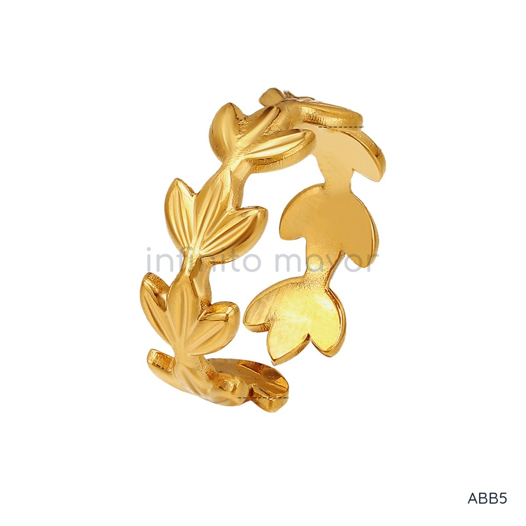 Anillo dorado abierto, banda de hojas de laurel