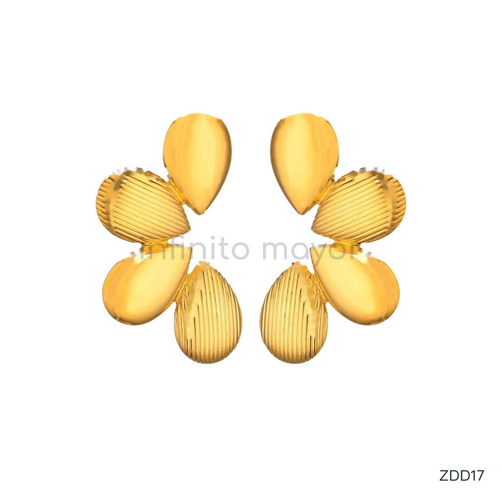 [ZDD17] Zarcillos dorados de flor de pétalos en forma de gota, combinando superficies lisas y estriadas