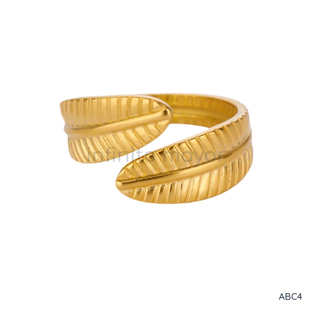 [ABC4] Anillo dorado abierto, hojas ancha texturizada