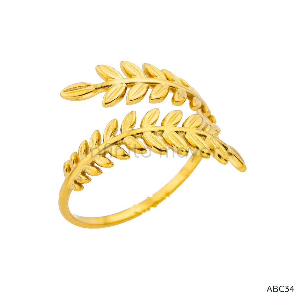 [ABC34] Anillo dorado abierto, doble rama de hojas alargadas