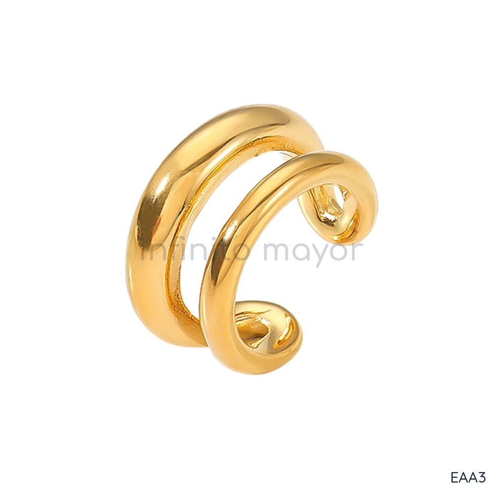 Earcuff dorado de doble banda en C, con una banda ancha y otra fina, liso y de ajuste a presión