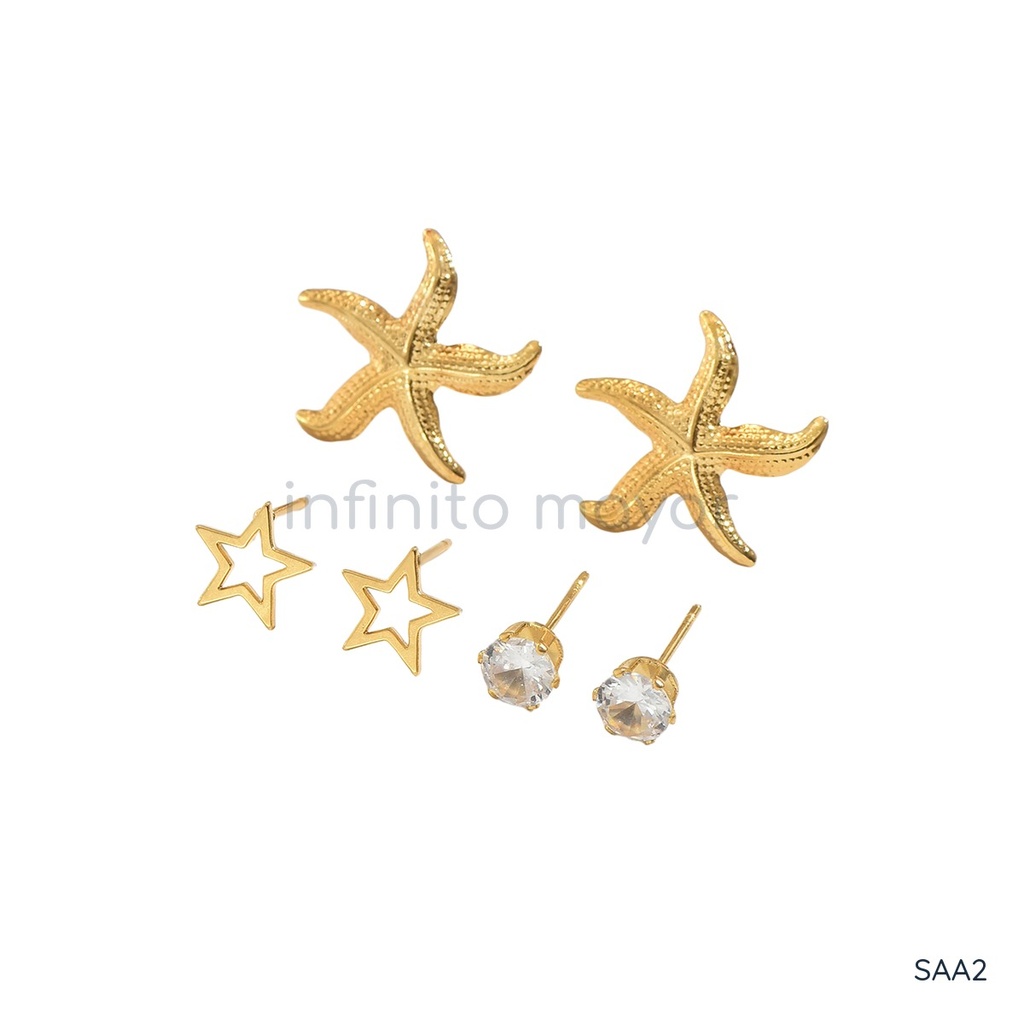 Set de tres pares de zarcillos dorados, estrella de mar, botón