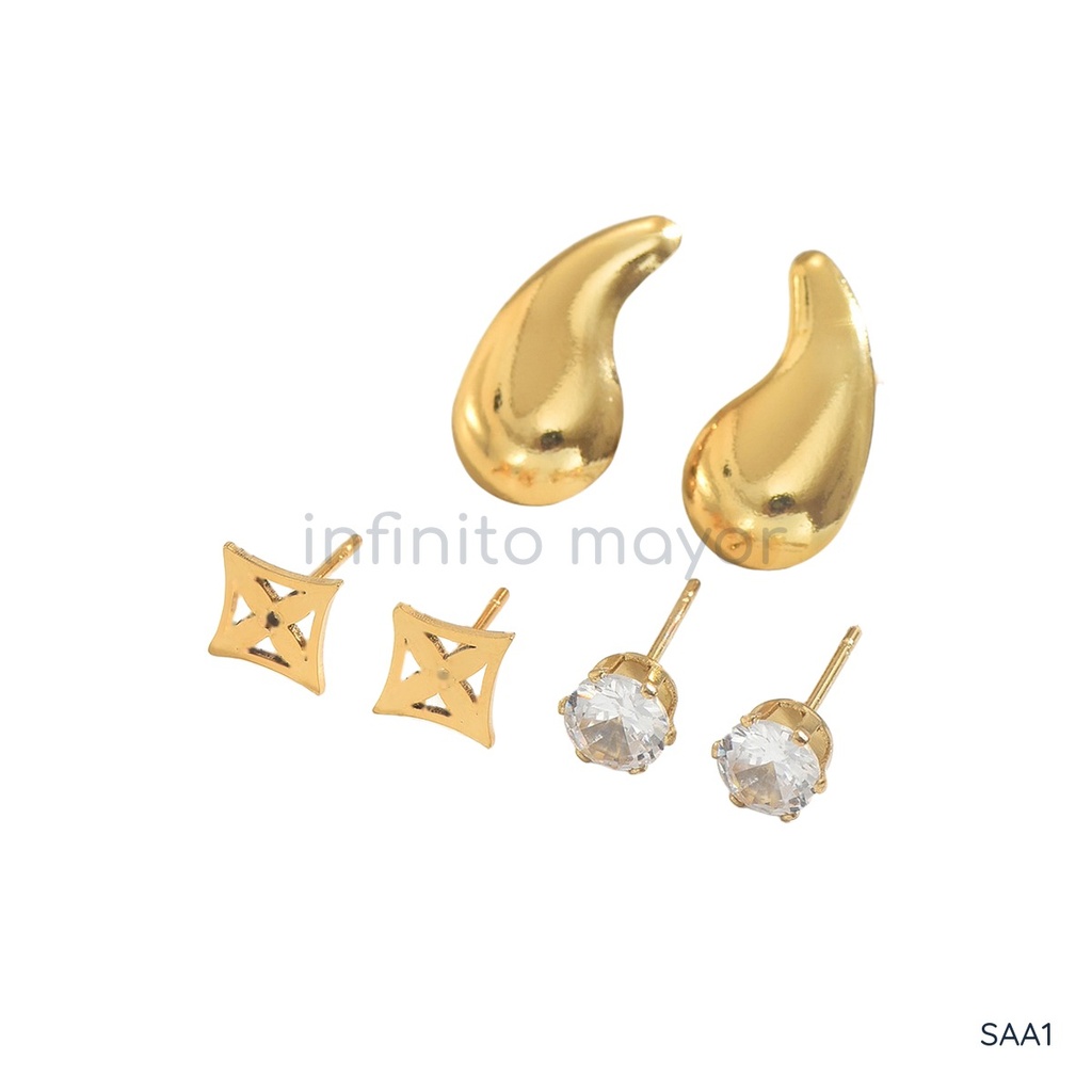 Set de tres pares de zarcillos dorados, gota, trébol, botón