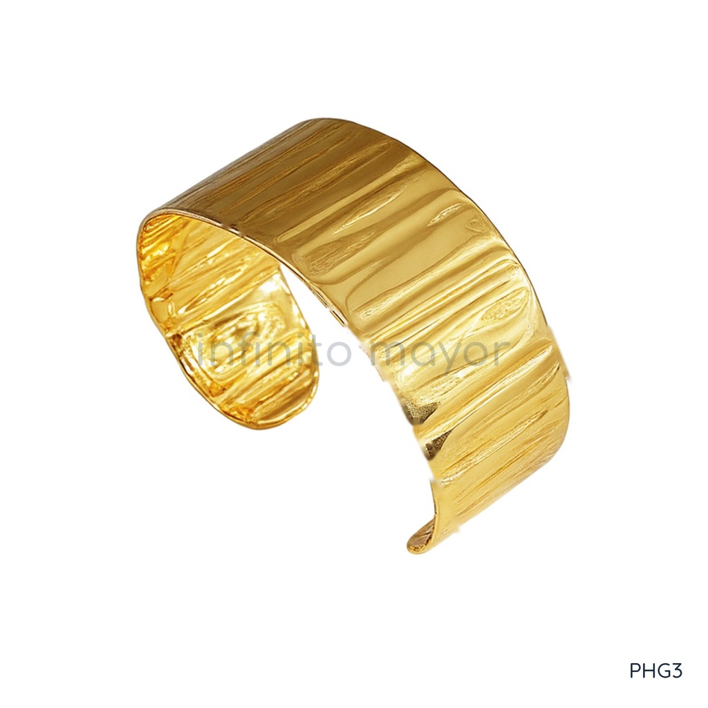 [PHG3] Pulsera dorada ancha y abierta, diseño de brazalete de lámina curva con textura ondulada tipo corteza y acabado brillante