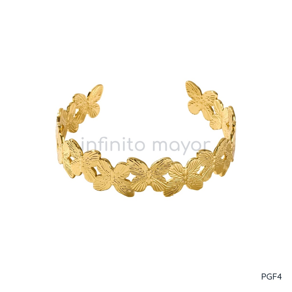 [PGF4] Pulsera dorada abierta, diseño de brazalete con hilera de mariposas de alas grabadas y acabado brillante
