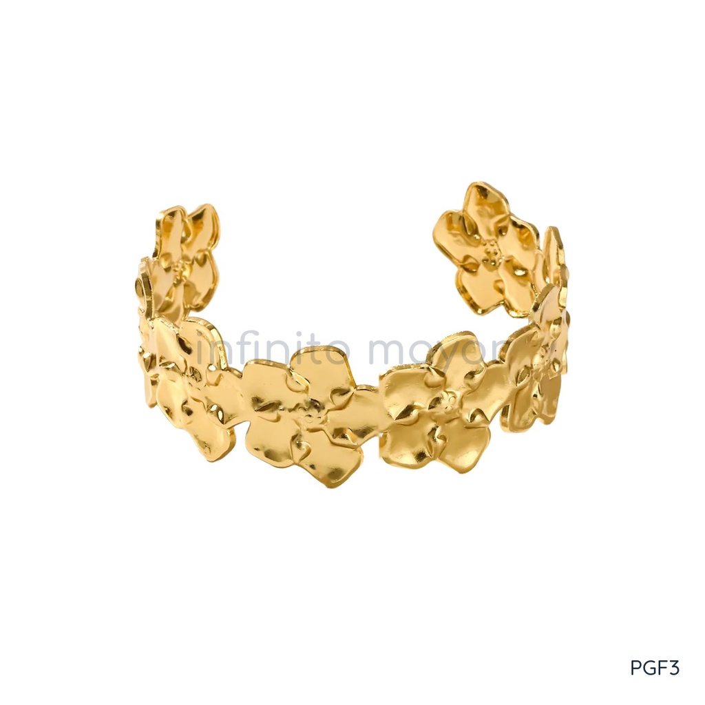 Pulsera dorada rígida, hilera de flores