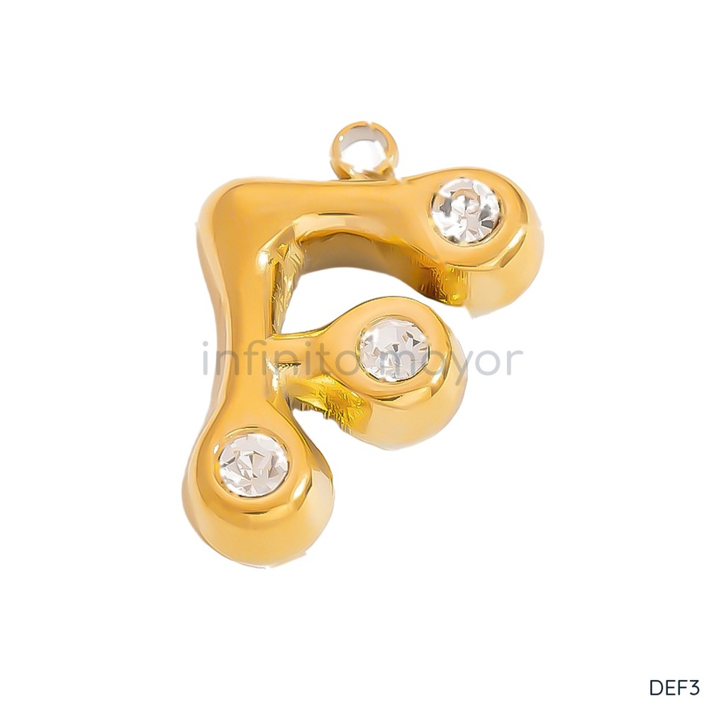 Dije dorado, letra F abombada con circonias