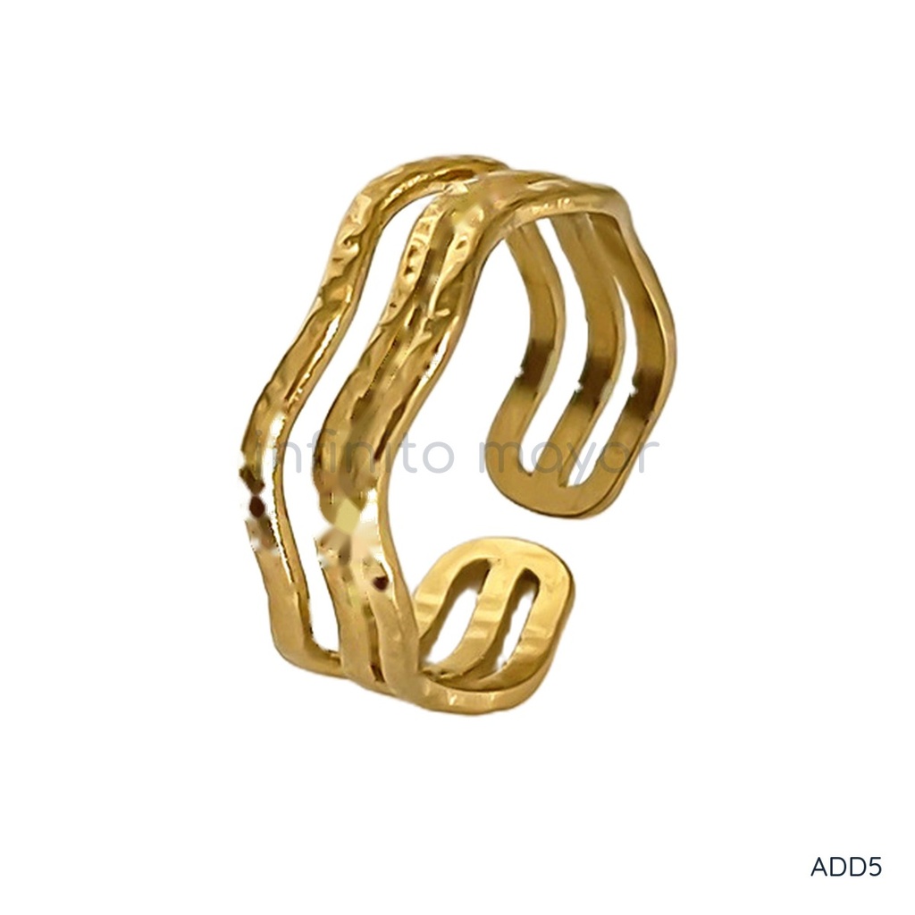 [ADD5] Anillo dorado abierto, doble banda con textura martillada.