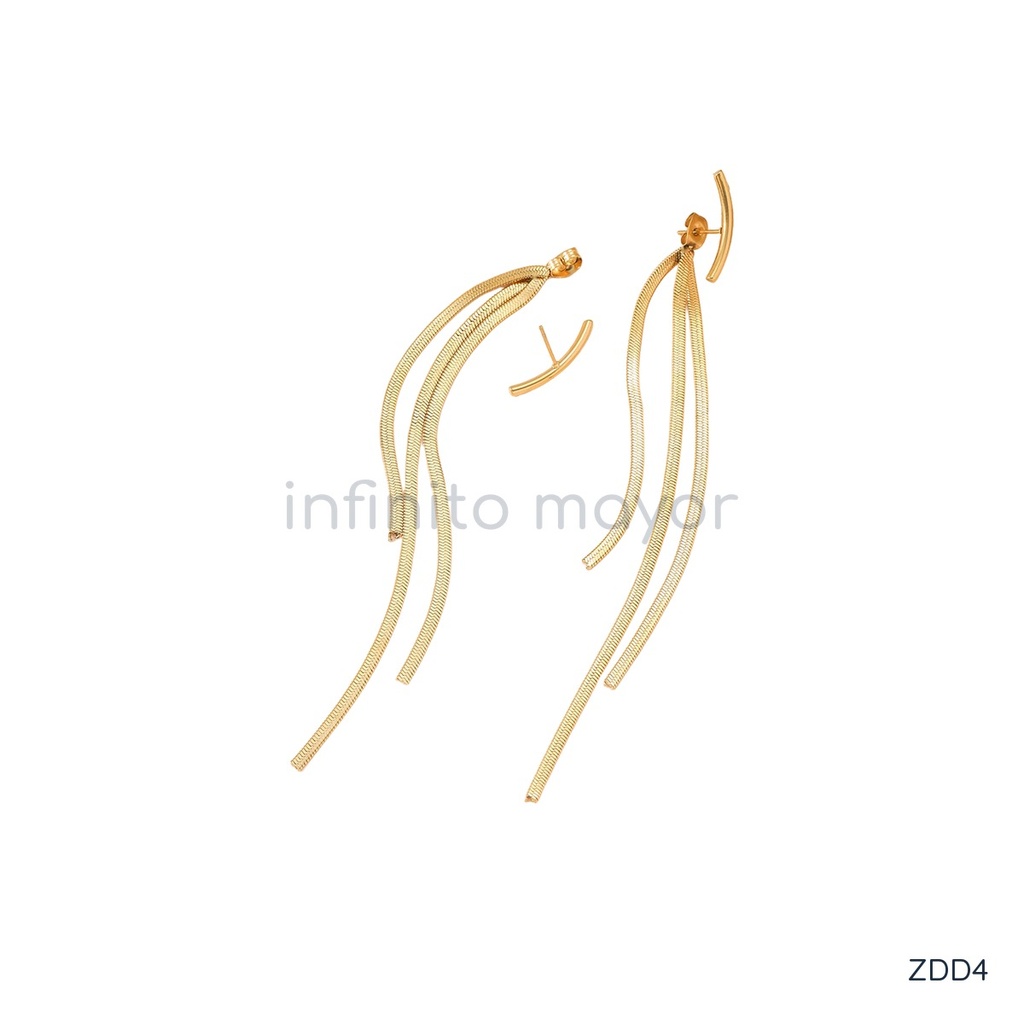 Zarcillos dorados largos, tres cadenas planas con barra curva