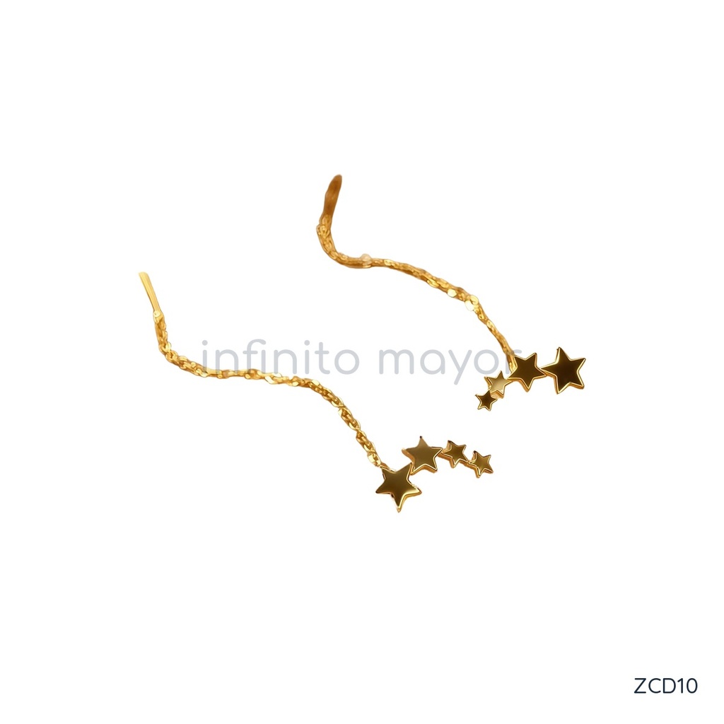 Zarcillos dorados pasantes, cadena larga con cuatro estrellas en degradé