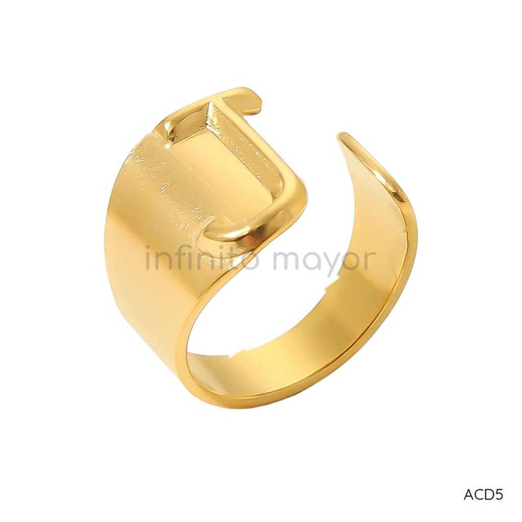 [ACD5] Anillo dorado ancho y abierto, diseño de banda lisa con motivo frontal de la letra J calada y acabado brillante