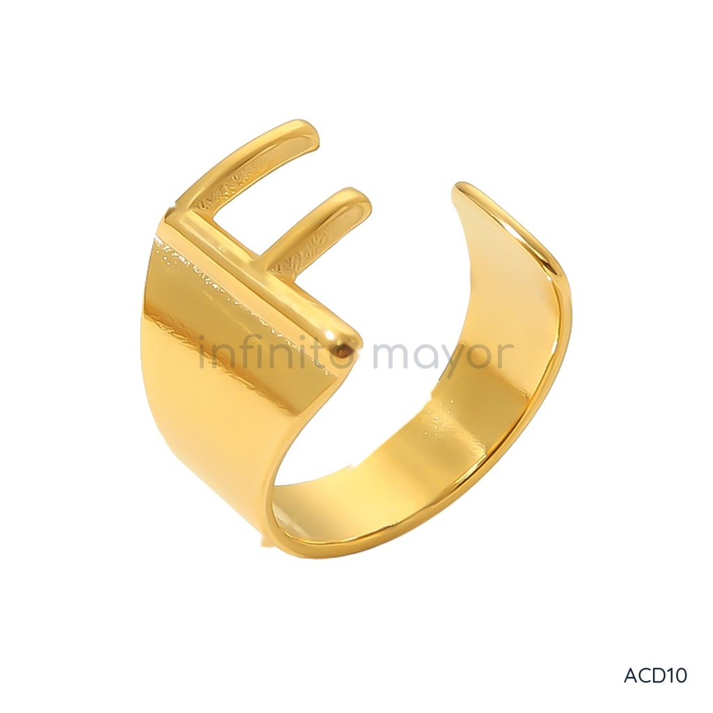 [ACD10] Anillo dorado ancho y abierto, diseño de banda lisa con motivo frontal de la letra F calada y acabado brillante