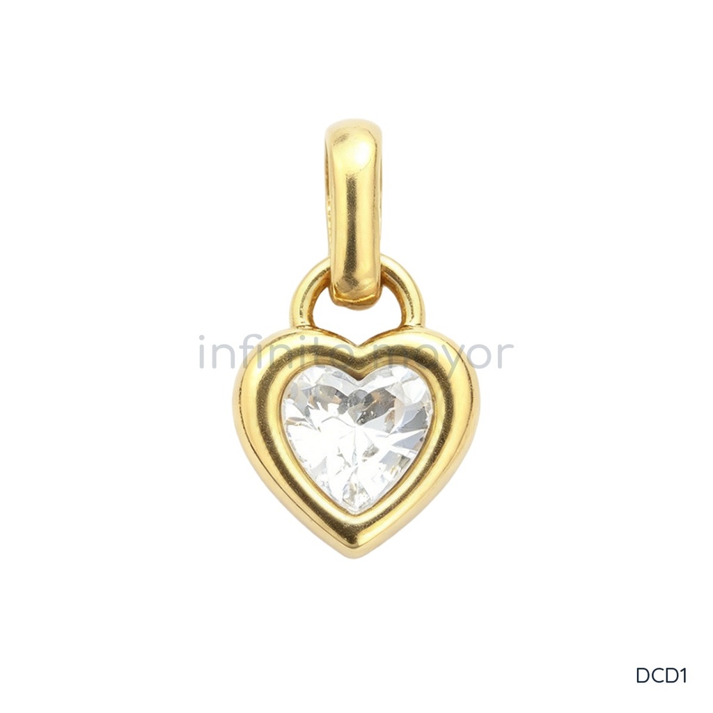 Dije dorado en forma de corazón con borde liso, una circonia transparente en talla corazón y anilla para colgar