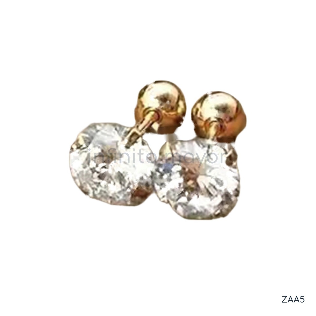 [ZAA5] Zarcillos dorados de botón, diseño con una circonia redonda transparente de tamaño grande y cierre de rosca con bola