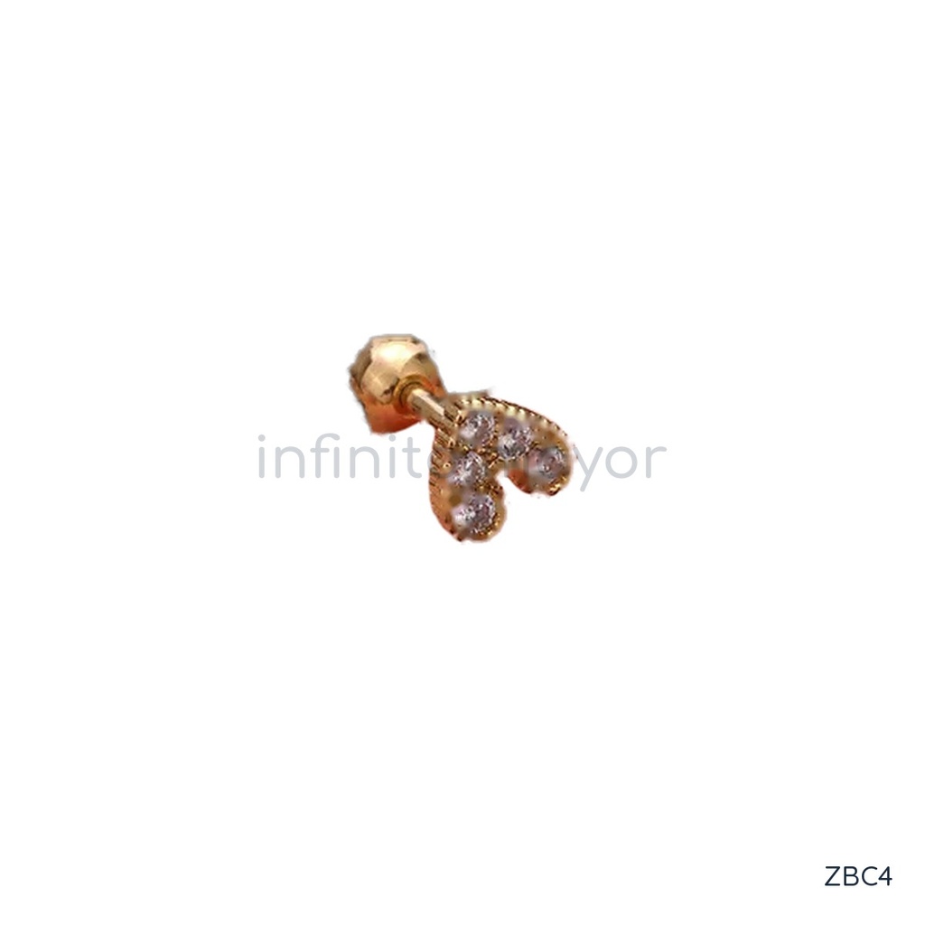 [ZBC4] Zarcillos dorados de botón, diseño de corazón con borde de milgrano y cuatro circonias transparentes, cierre de rosca con bola
