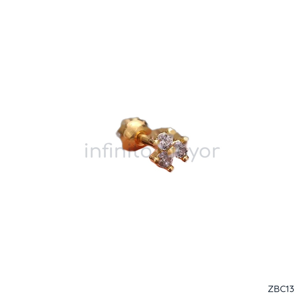 [ZBC13] Zarcillos dorados de botón, diseño de trébol con tres circonias transparentes y cierre de rosca con bola