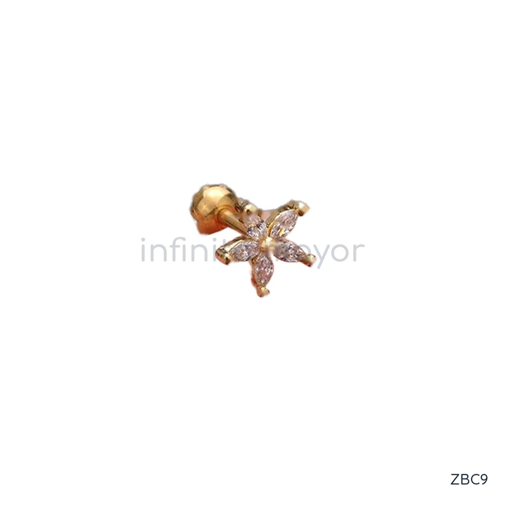 [ZBC9] Zarcillos dorados de botón, diseño de flor con pétalos de circonias transparentes en talla marquesa y cierre de rosca con bola
