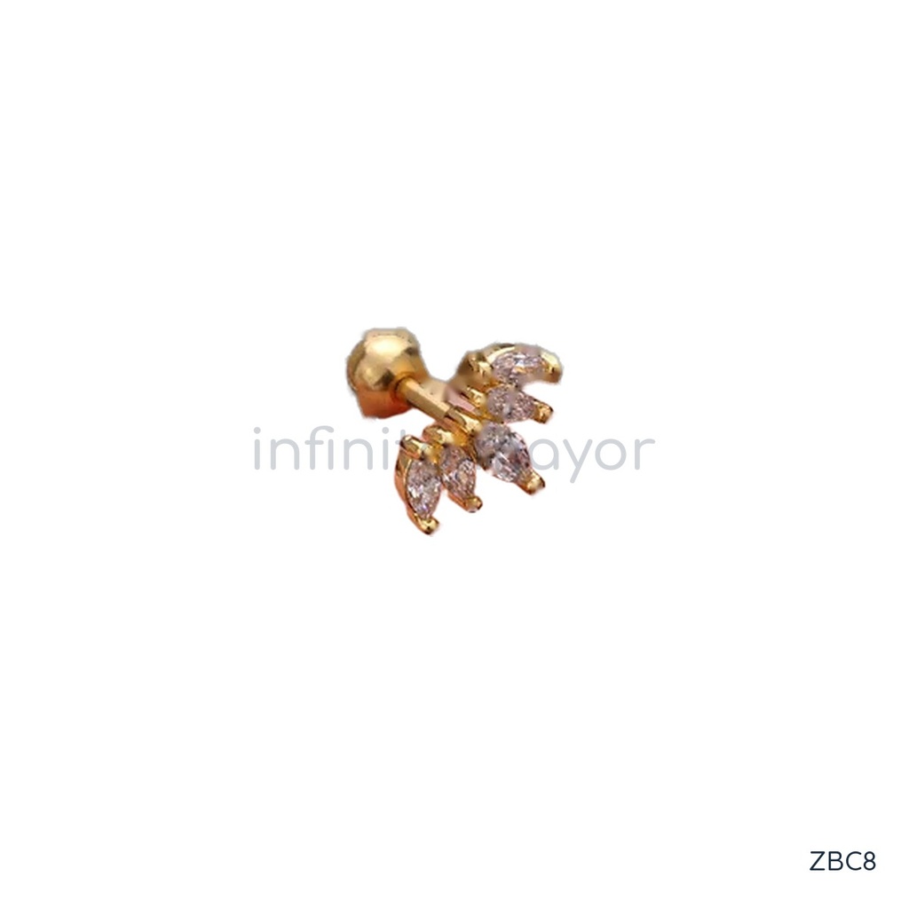 Zarcillos dorados de botón, abanico de cinco circonias marquesa