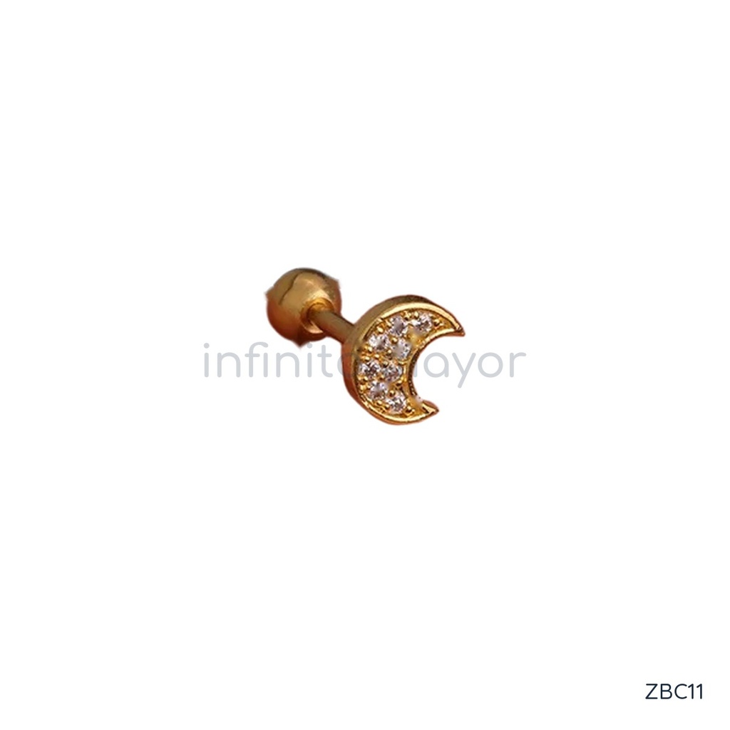 Zarcillos dorados de botón, media luna de circonias