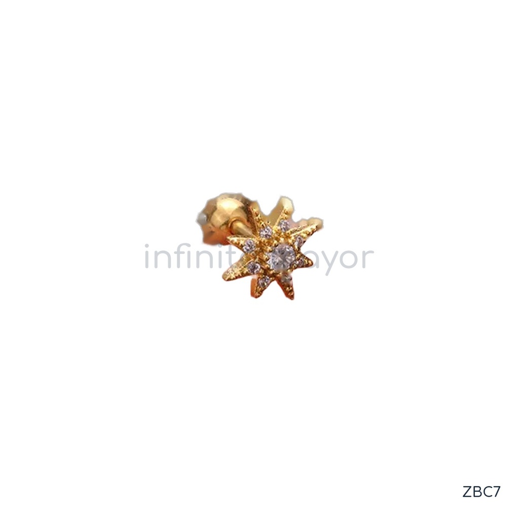 Zarcillos dorados de botón, estrella de ocho puntas con circonias