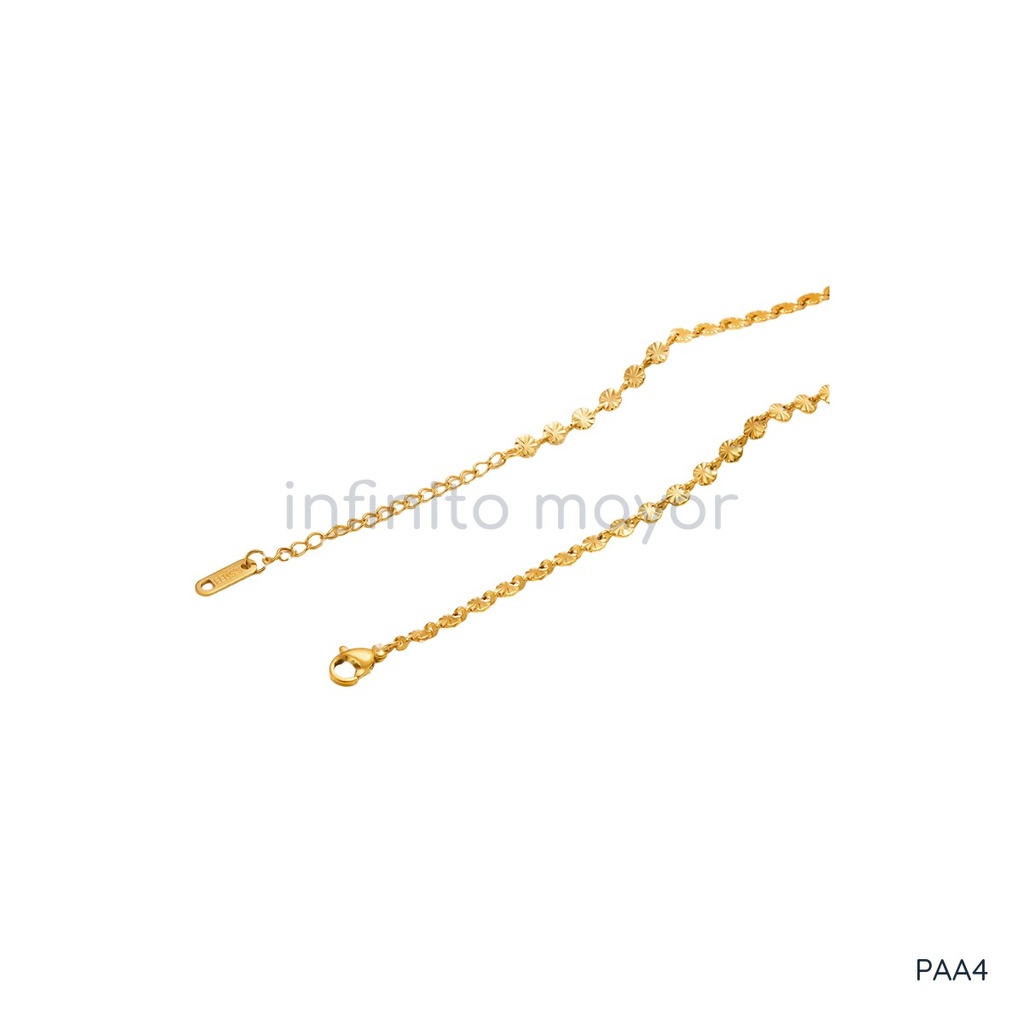 Pulsera dorada fina con cierre de langosta y extensor, diseño de cadena de pequeños discos con grabado radial