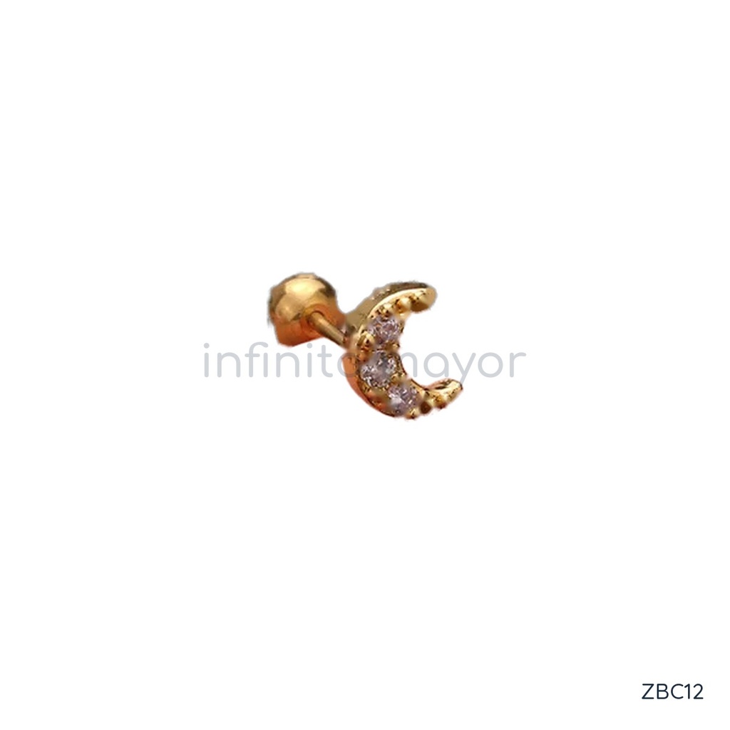 [ZBC12] Zarcillos dorados de botón, diseño de media luna con tres circonias transparentes engastadas y cierre de rosca con bola