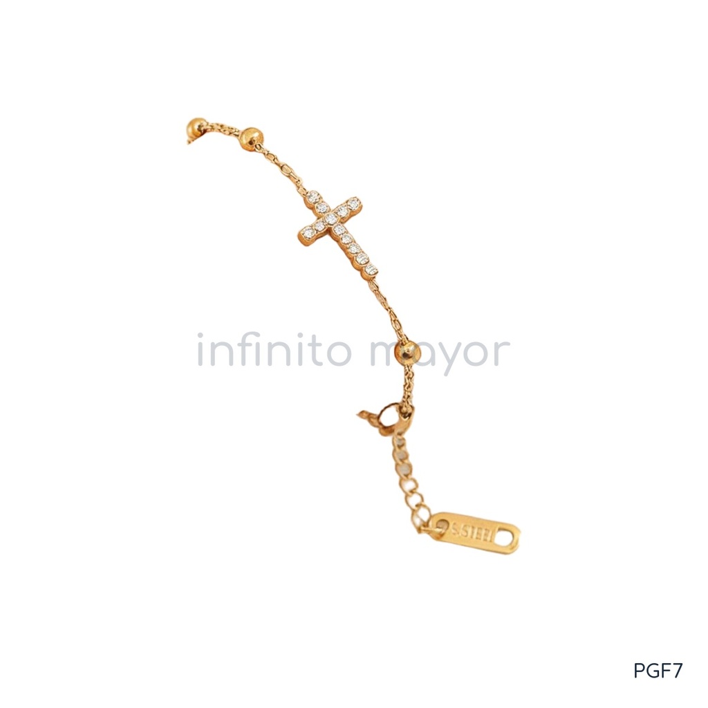 Pulsera dorada, cadena con bolitas y cruz de circonias