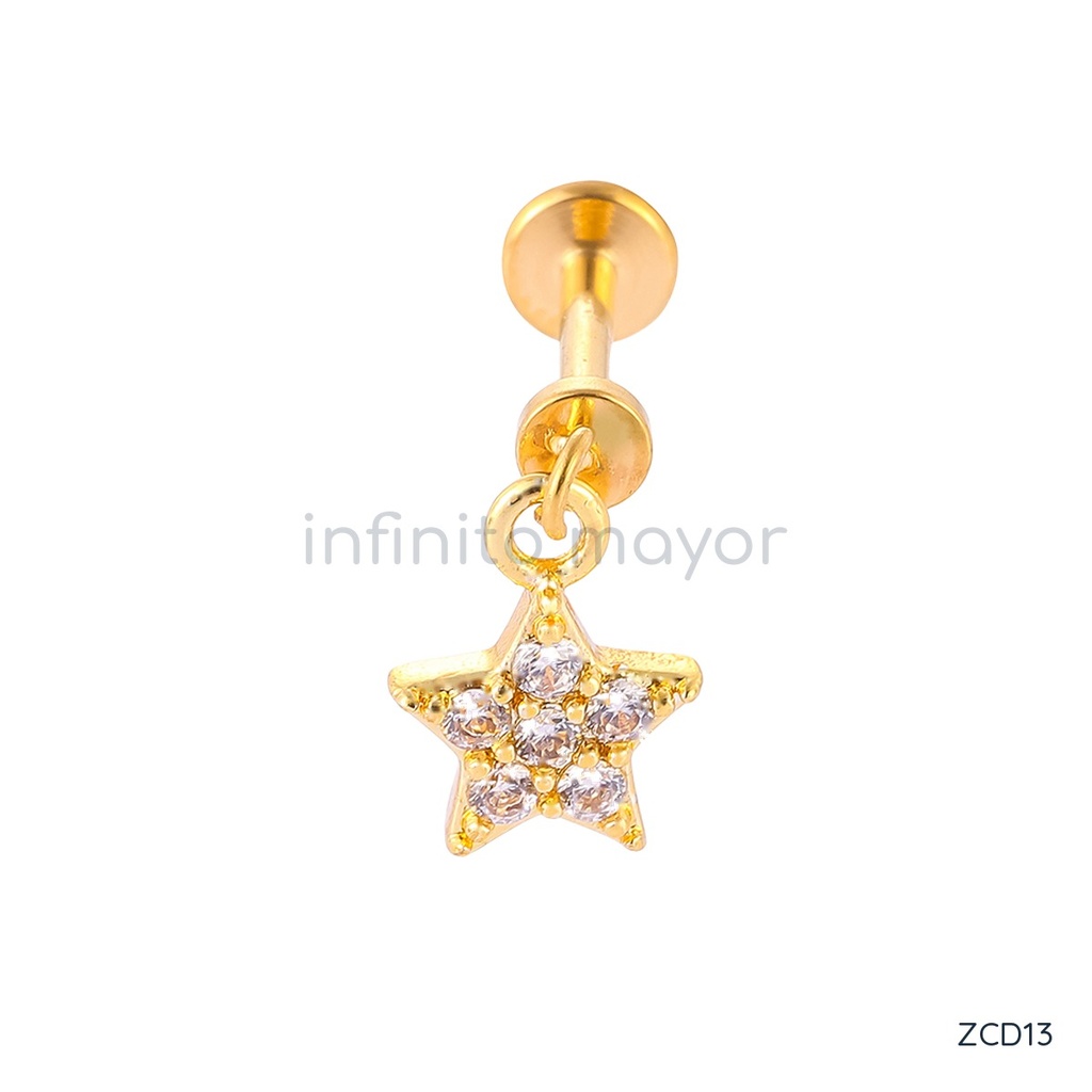 Zarcillos dorados labret, dije de estrella de circonias