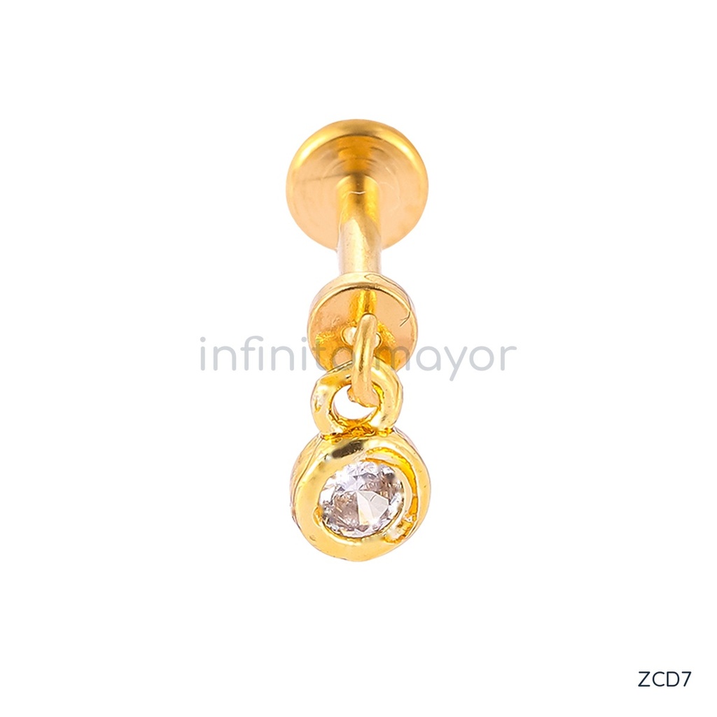 Zarcillos dorados labret, dije redondo con circonia