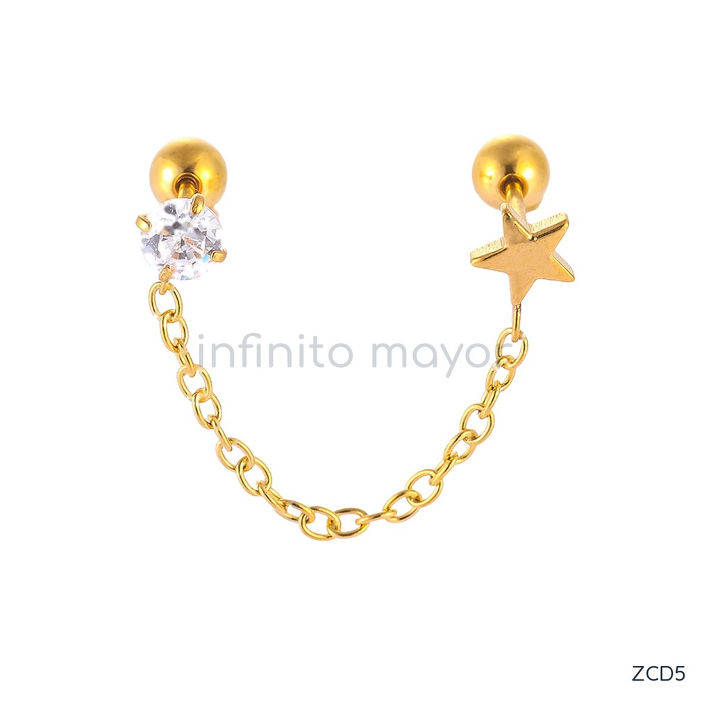 [ZCD5] Zarcillos dorados de doble piercing unidos por cadena fina, con circonia transparente y motivo de estrella