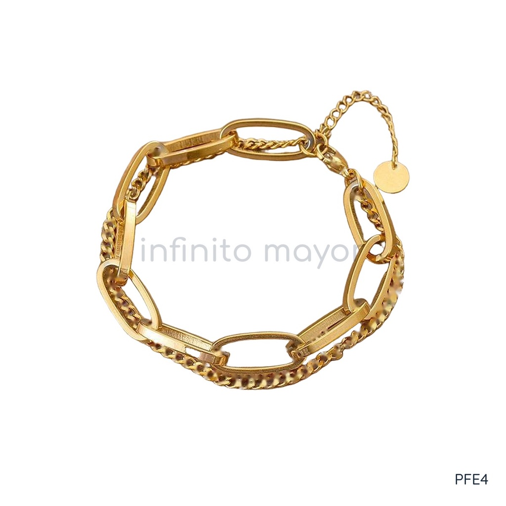Pulsera dorada, doble cadena ovalada y barbada con disco