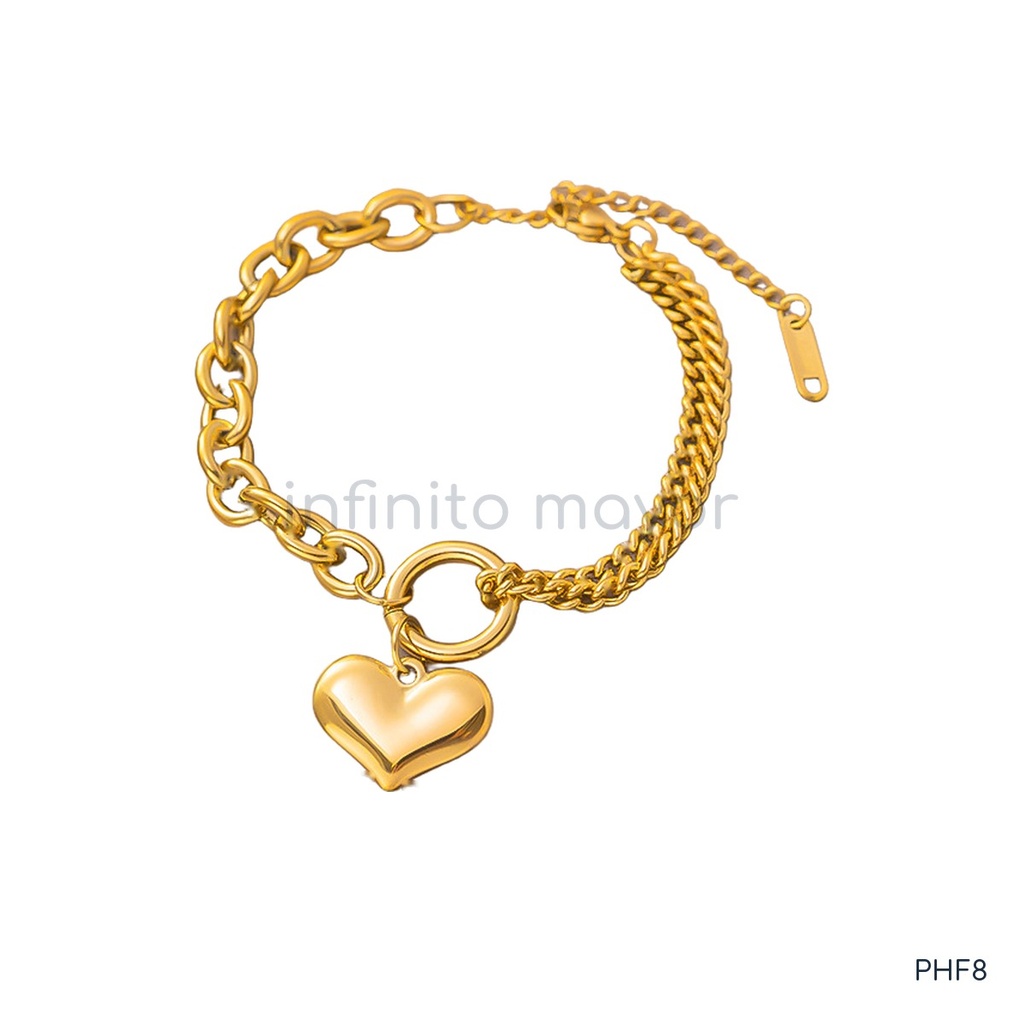 [PHF8] Pulsera dorada de grosor estándar, diseño asimétrico de eslabones redondos y cadena barbada con dije de corazón abombado