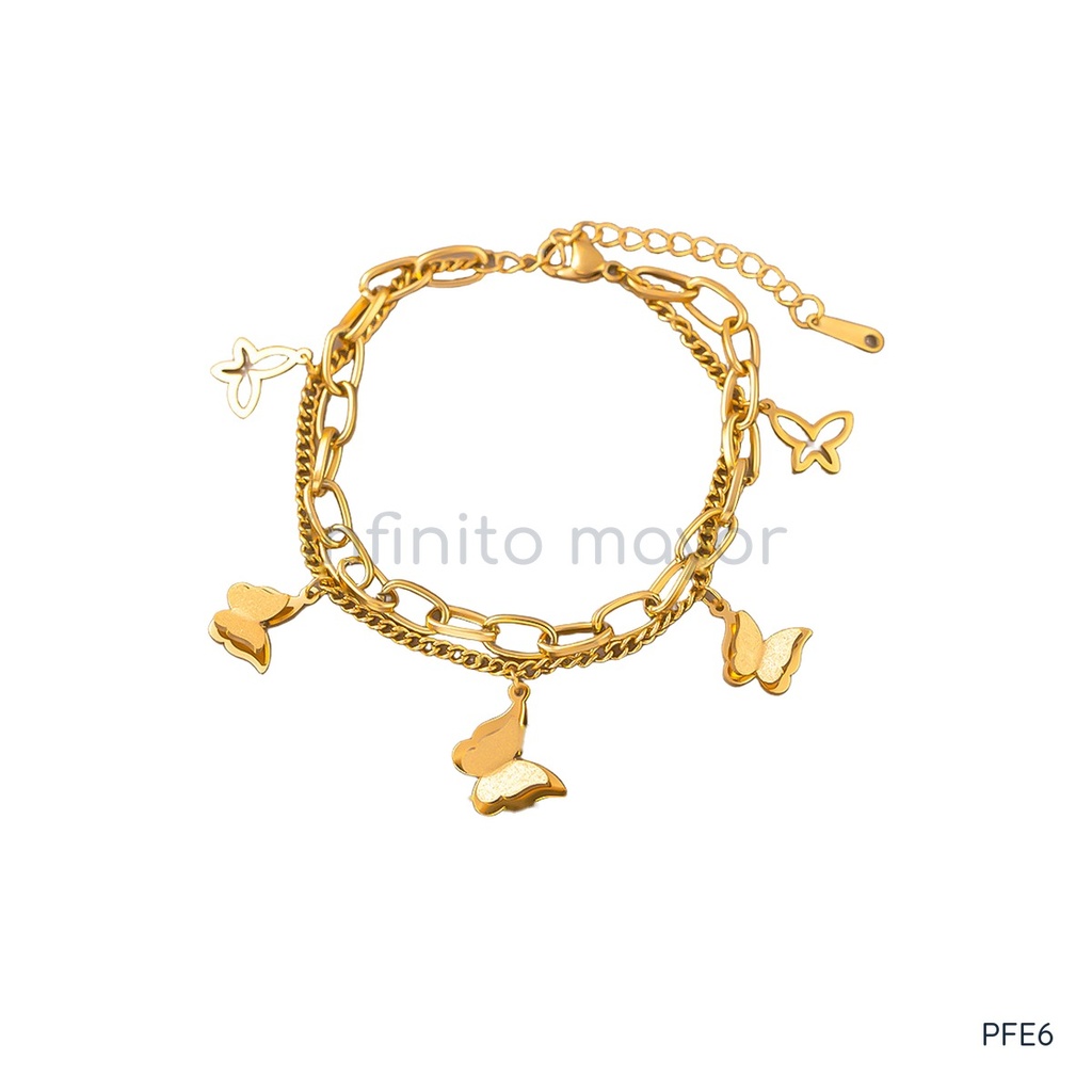 Pulsera dorada con cierre de langosta y extensor, diseño de doble cadena con cinco colgantes de mariposa calados y satinados