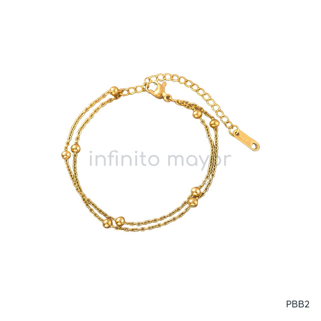 Pulsera dorada, doble cadena con cuentas esféricas finas